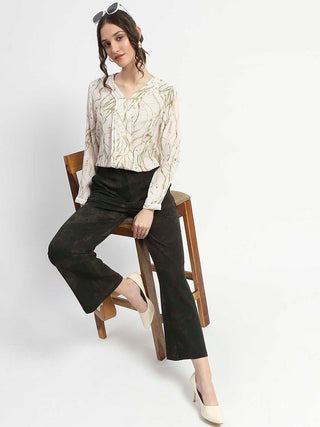 Madame Jacquard Straight Fit Flared Green Trousers