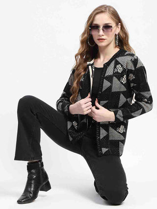 Madame Geometric Patterned Black and Grey Cardigan