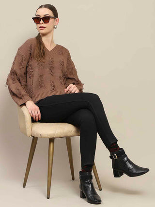 Madame Ripped Knitted V Neck Brown Sweater