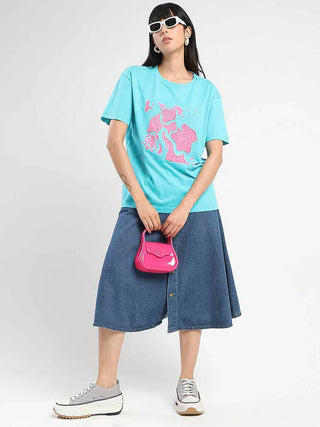 Madame Graphic Print Embellished Aqua Blue Sinker T-Shirt