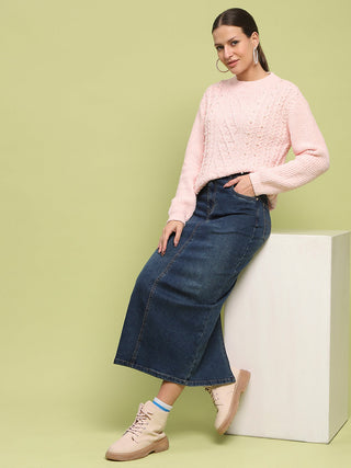 Madame Cable Knit Full Sleeve Peach Sweater