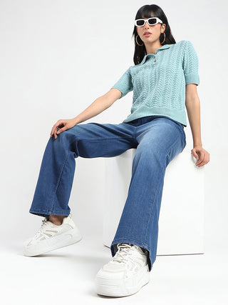 Madame Openwork Detail Textured Jade Green Cotton Knitted Top
