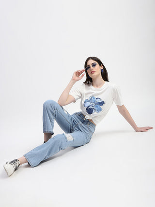 Madame Ice Blue Ripped Flared Denim