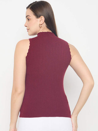 Madame Metallic Fabric Maroon Sleeveless Sweater