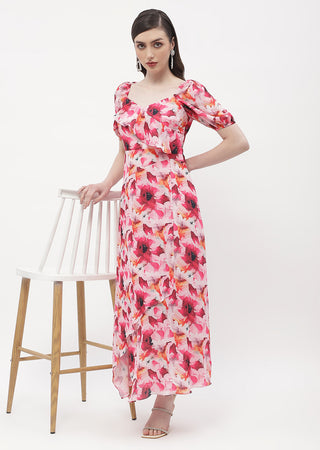 Madame Sweetheart Neck Hot Pink Floral Maxi Dress