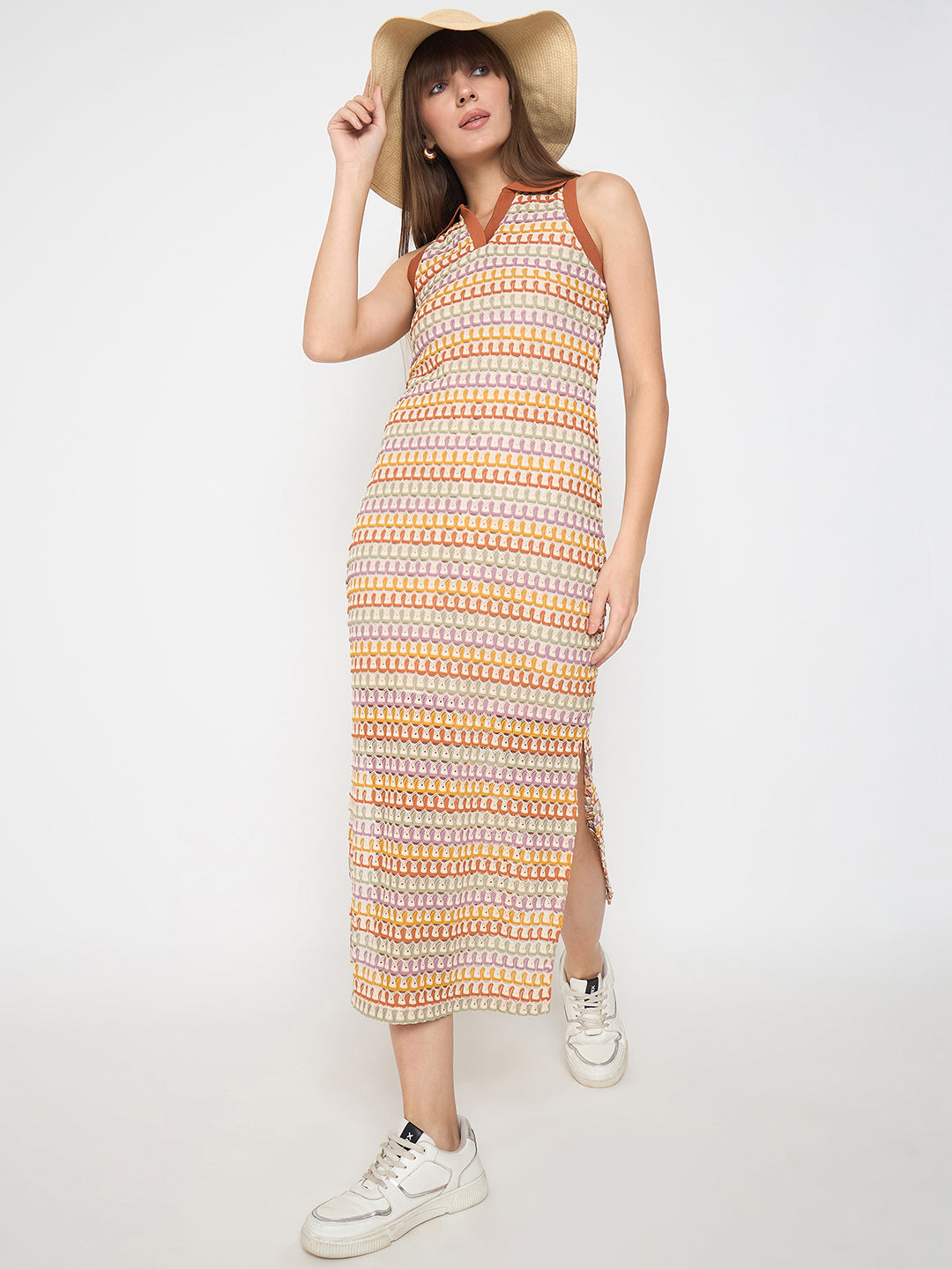 Madame Crochet Striped Side Slit Brown Bodycon Dress color swatch