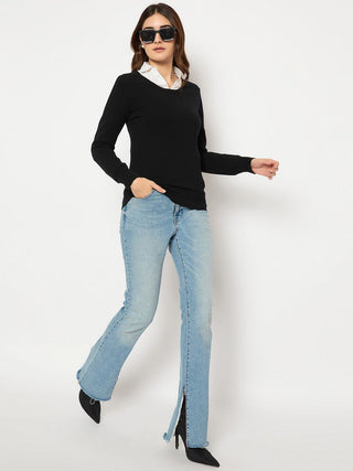 Madame Round Neck Ribbed Cuff Black Sweater