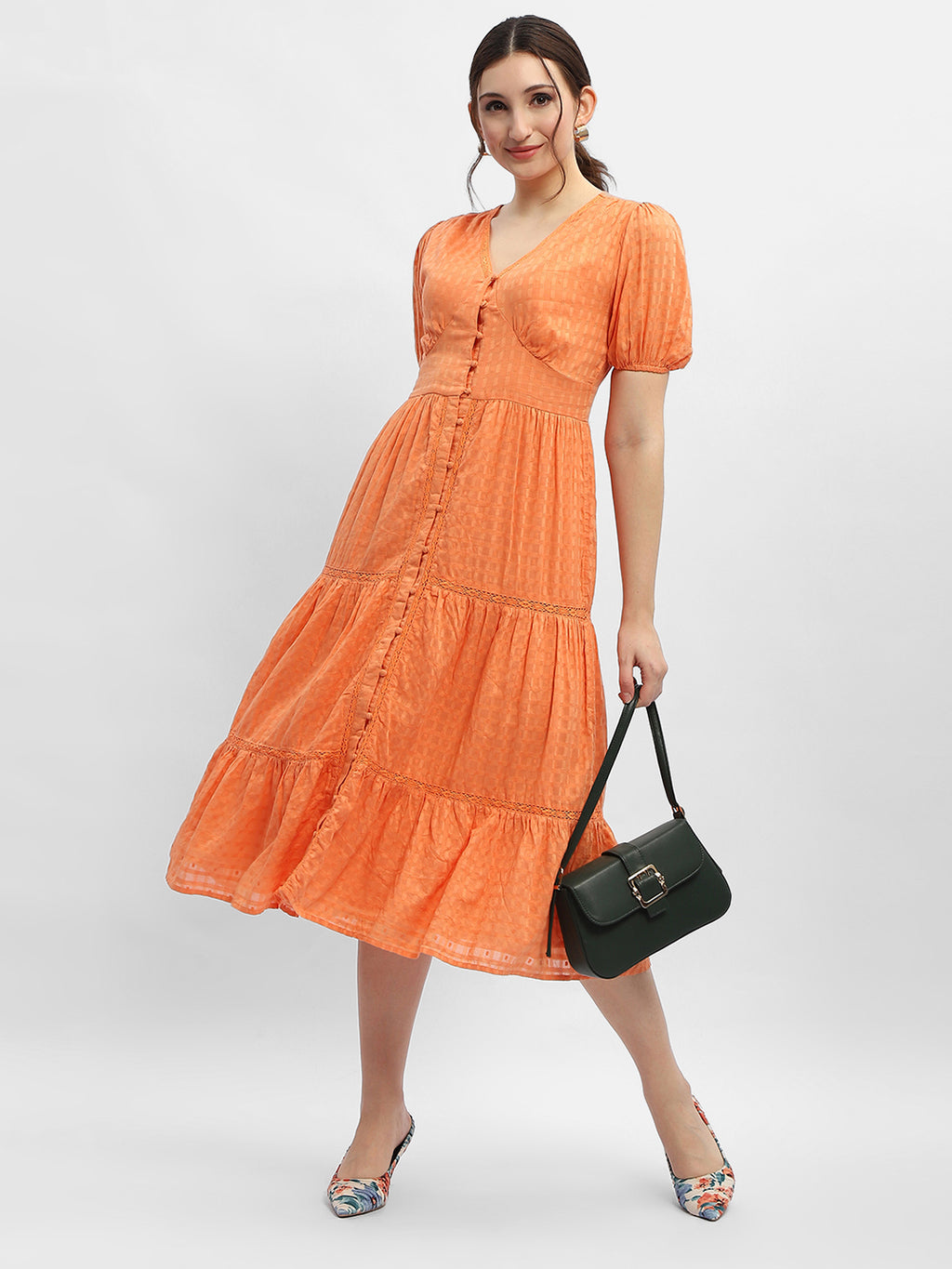 17852 Orange Tiered Maxi Strap Dress