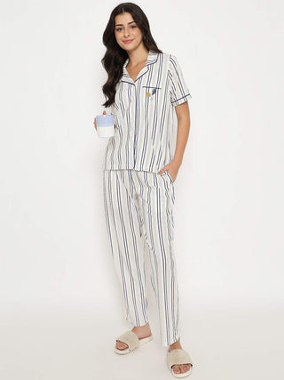 mSECRET Striped Top and Bottom Off-White Cotton Night Suit