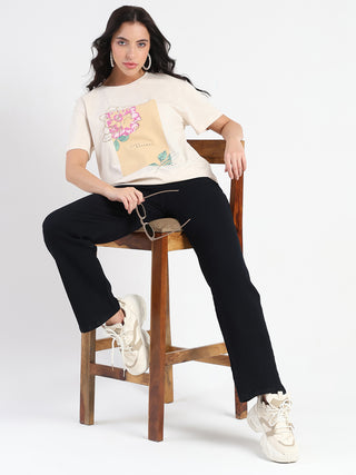 Madame Graphic Print Beige Cotton Blend T-shirt