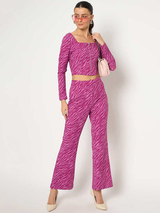 Madame Animal Print Zipped Top and Flared Bottom Pink Co-Ord Set
