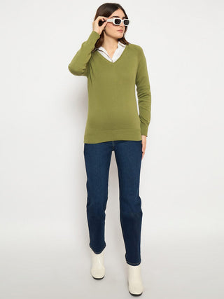 Madame V Neck Skinny Fit Olive Sweater