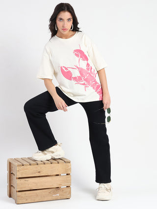 Madame Graphic Print Half Sleeve Off White Cotton T-shirt