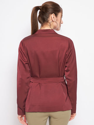 Madame Buckle Belted Solid Wine Red Wrap Blazer