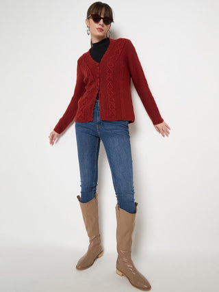 Madame Rust Red Cable Knit Acrylic Cardigan