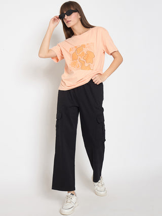 Madame Graphic Print Embellished Peach Sinker Tshirt