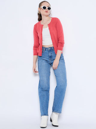 Madame Solid Coral Button Down Crew Neck Cardigan