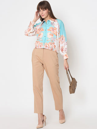 Madame Floral Print Colorblock Blue Shirt