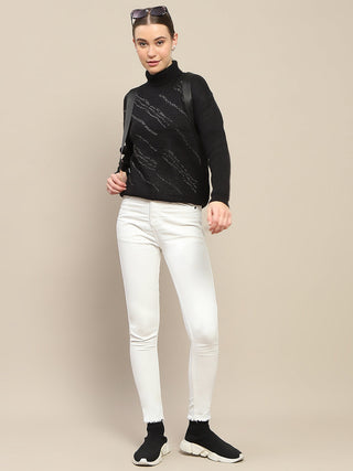 Madame Self Design Black Turtleneck Sweater