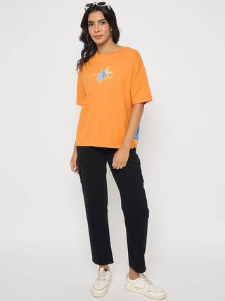 Madame Front and Back Graphic Print Orange Cotton T-Shirt