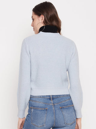 Madame Solid Powder Blue V-Neck Crop Cardigan