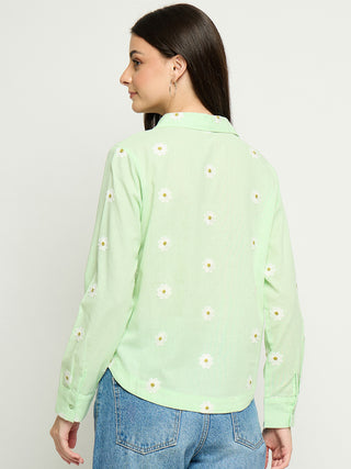 Madame Floral Embroidery Green Cotton Shirt
