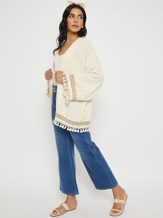 Madame Crochet Lace Trim and Tassel Detail Beige Shrug