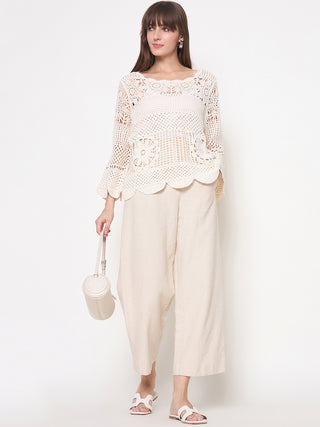 Madame Crochet Bell Sleeve Beige Knit Top