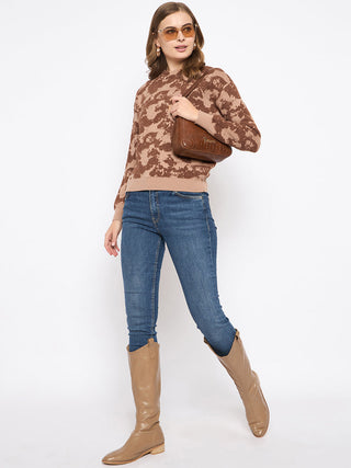 Madame Printed Crew Neck Tan Sweater
