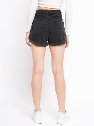 Madame Folded Hem Black Denim Shorts