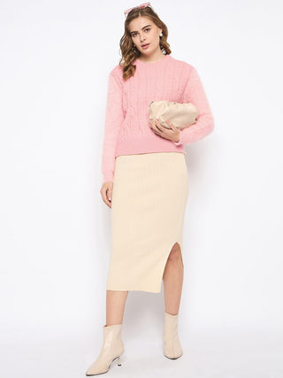 Madame Cable Knit Solid Peach Sweater