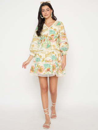 Madame Shanaya Kapoor Floral Print Tiered Off White Mini Dress