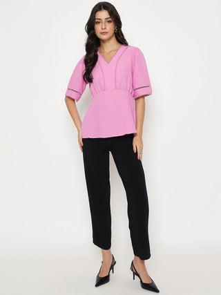 Madame V Neck Pink Peplum Top
