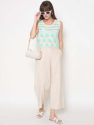 Madame Crochet Sleeveless Solid Green Cotton Top