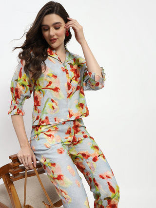 Madame Floral Print Cotton And Linen Teal Co-Ord Set
