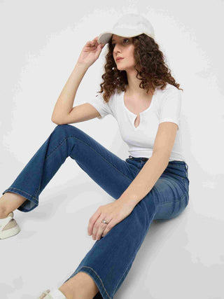 Madame Cotton Blend Stone Wash Mid Blue Flared Jeans