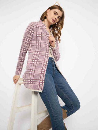 Madame Plaid Pattern Buttoned Wine Red Cardigan