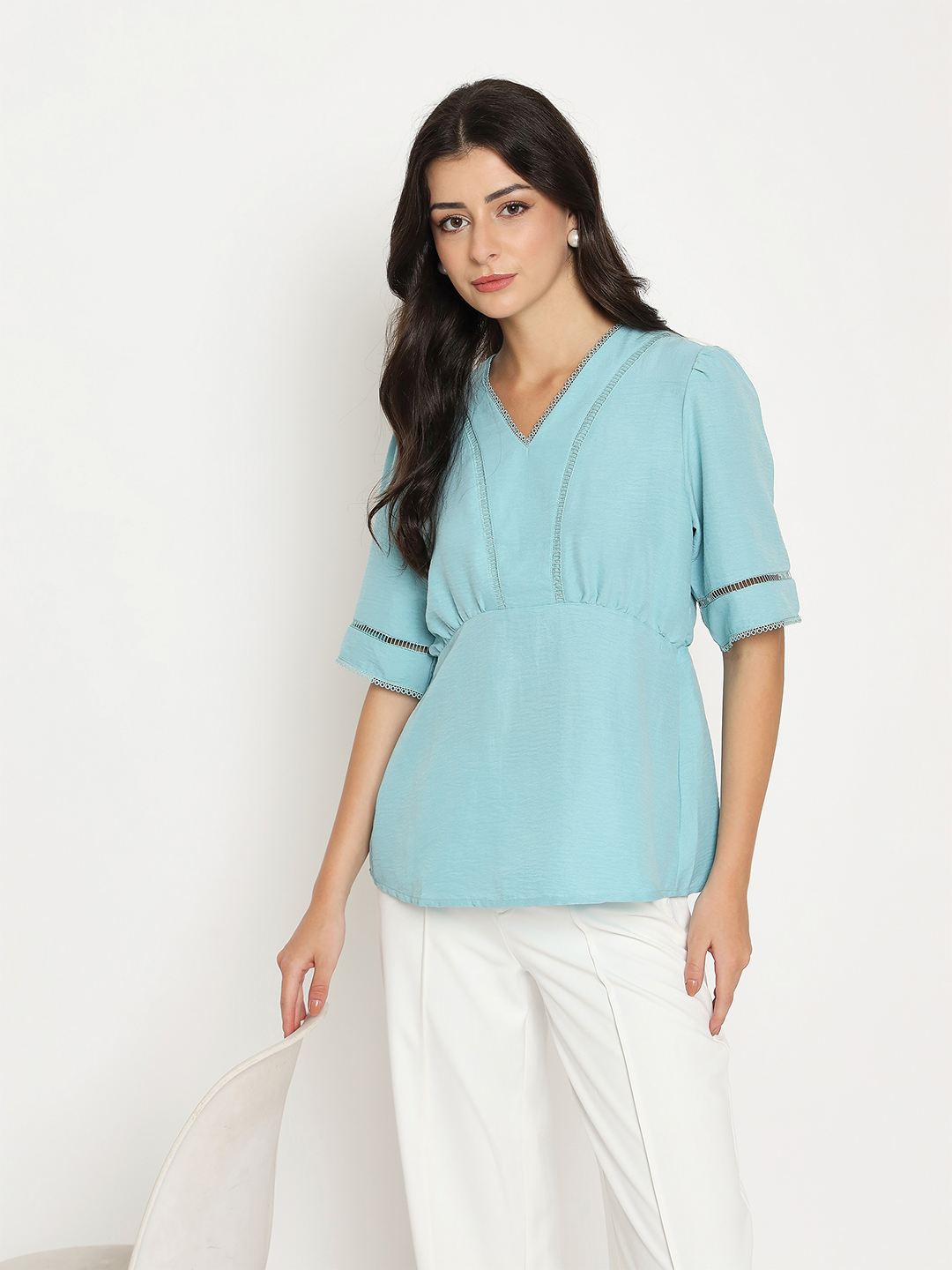 Madame V Neck Sea Green Peplum Top color swatch