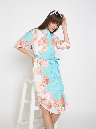 Madame Blue Colorblock Floral Cotton Midi Shirt Dress