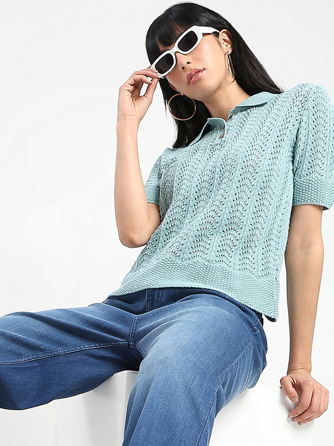 Madame Openwork Detail Textured Jade Green Cotton Knitted Top color swatch