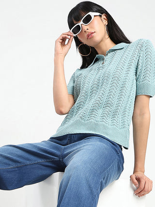 Madame Openwork Detail Textured Jade Green Cotton Knitted Top