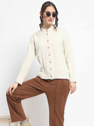 Madame Button Down Cable Knit Solid Beige Cardigan