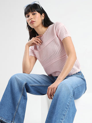 Madame Semi Sheer Knitted Cotton Blend Pink Top