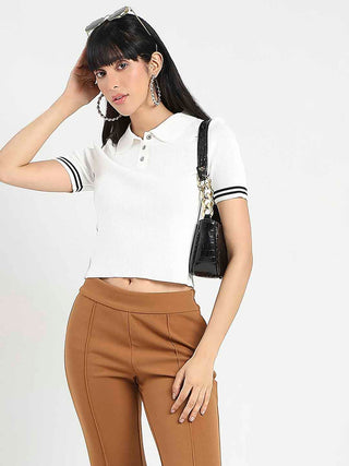 Madame Contrast Trim Polo Neck White Knitted T-shirt