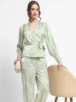 Madame Botanical Print Wrap Top and Bottom Beige Ensemble