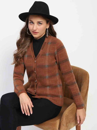 Madame Striped Brown V-Neck Buttoned Cardigan