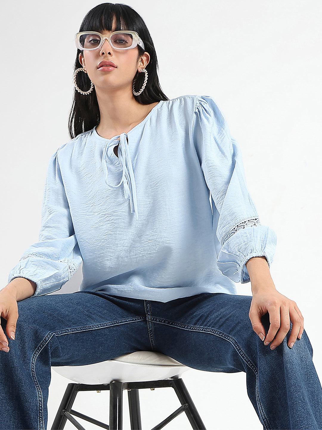 Madame Tie Neck Powder Blue Rayon Blend Top color swatch