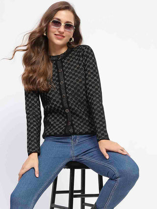 Madame Black Printed Buttoned Cardigan