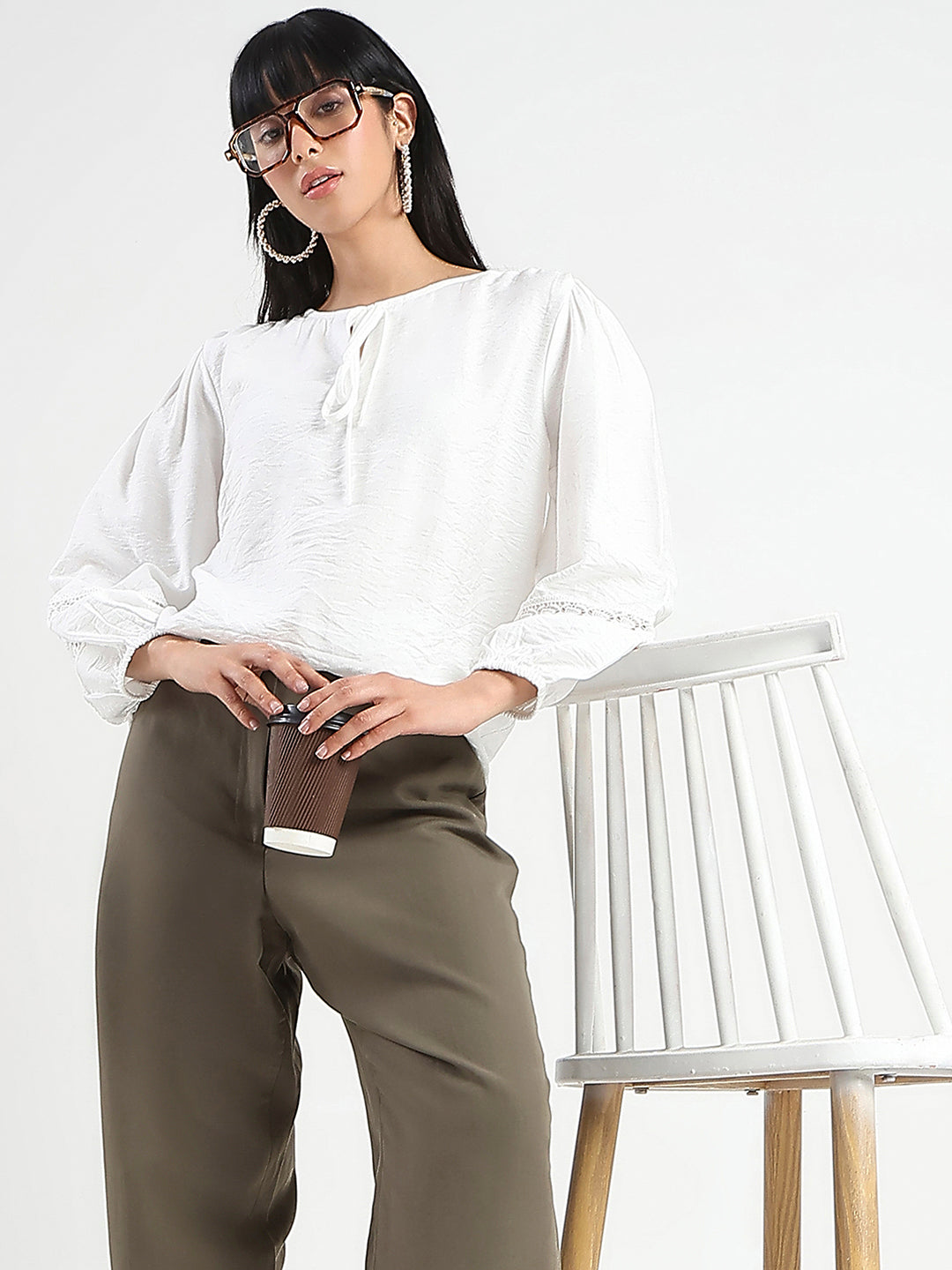 Madame Tie Neck Off White Rayon Blend Top color swatch