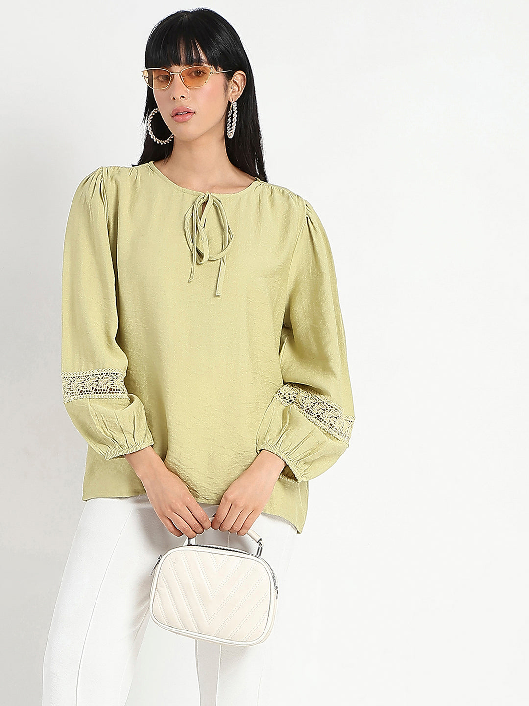 Madame Tie Neck Green Rayon Blend Top color swatch